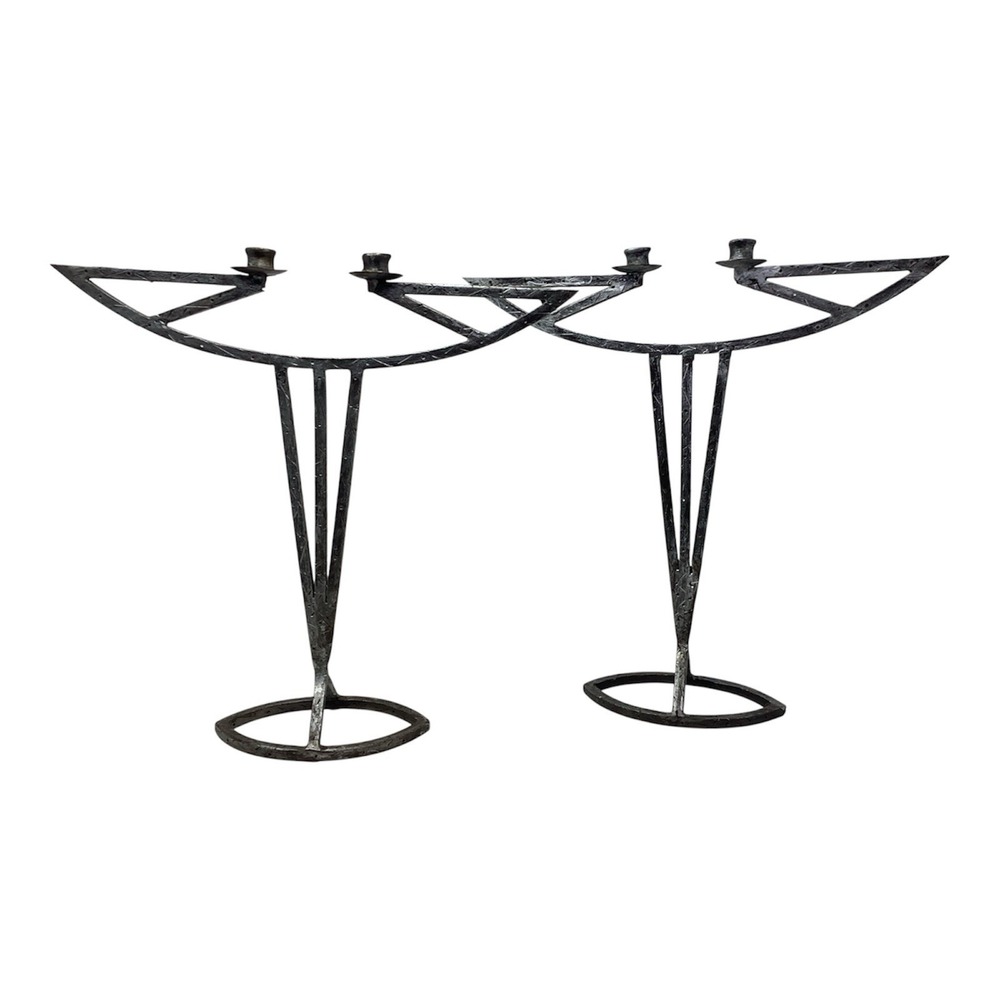 Pair MCM Brutalist Wrought Iron Candlesticks Hand Forged Double Sm Taper 14x14